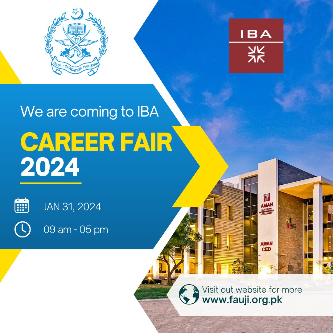 🌟Exciting News! 
Fauji Foundation will be participating in the upcoming IBA Karachi Job Fair on January 31, 2024! 🚀

🔍Discover how you can be part of a dynamic organization that values dedication, innovation, and passion. 🌐👥

#FaujiFoundation #IBAJobFair 💪🌟