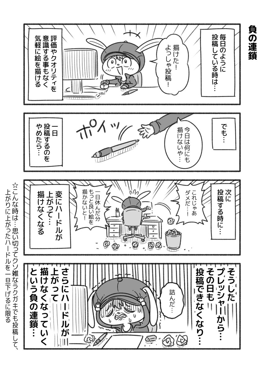 創作活動をしていて、この"負の連鎖"が起きる。
(今もなってる)

完璧主義な人ほどなりやすいと思うので…
そんな時は、雑なラクガキでも投稿して、上がりまくったハードルを下げるようにしている。 