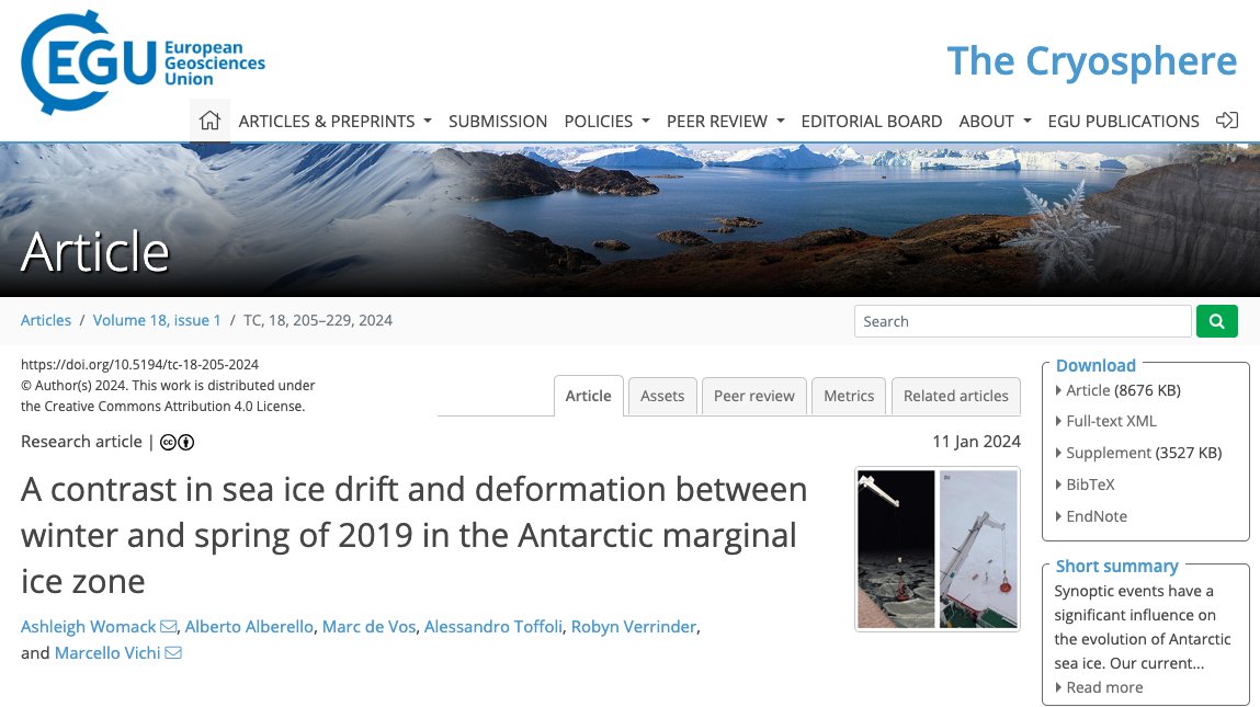 A contrast in sea ice drift and deformation between winter and spring of 2019 in the Antarctic marginal ice zone 📰A new study by Womack, A., Alberello, A., de Vos, M., Toffoli, A., Verrinder, R., and Vichi, M published in @EGU_TC 🔗 tc.copernicus.org/articles/18/20…