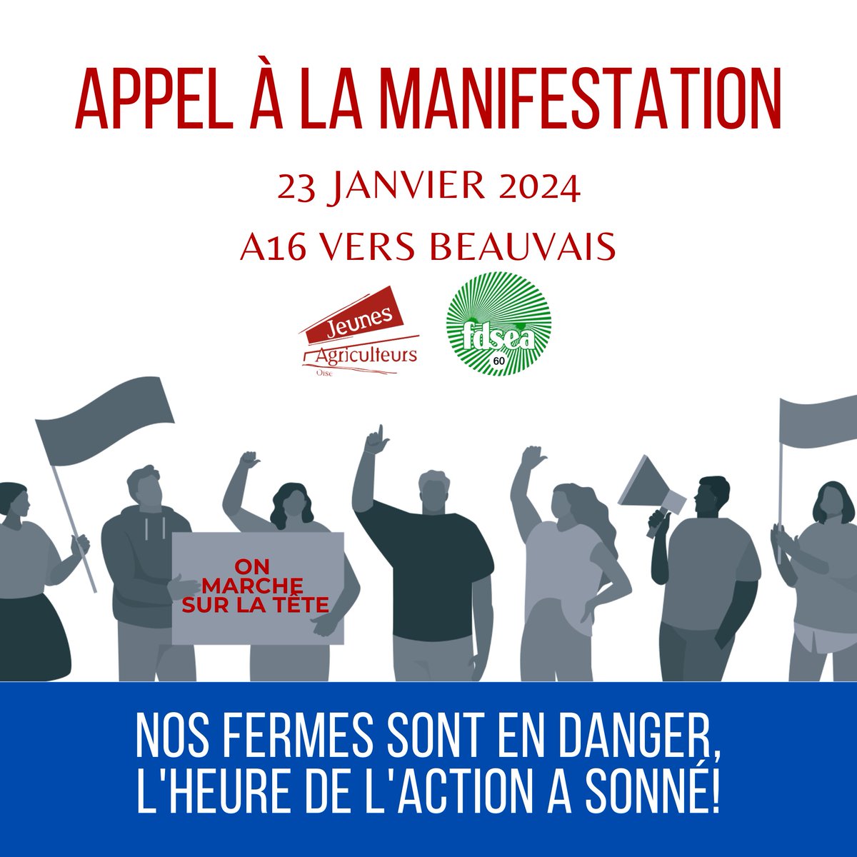 APPEL À LA MANIFESTATION 
Aujourd'hui les jeunes agriculteurs de l'Oise se mobilisent aux côtés de la FDSEA de l'Oise à l'A16
Nous lançons un appel à la manifestation car nos voix ne sont pas entendues, et nos exploitations sont en danger
#ManifestationAgricole #OnMarcheSurLaTête