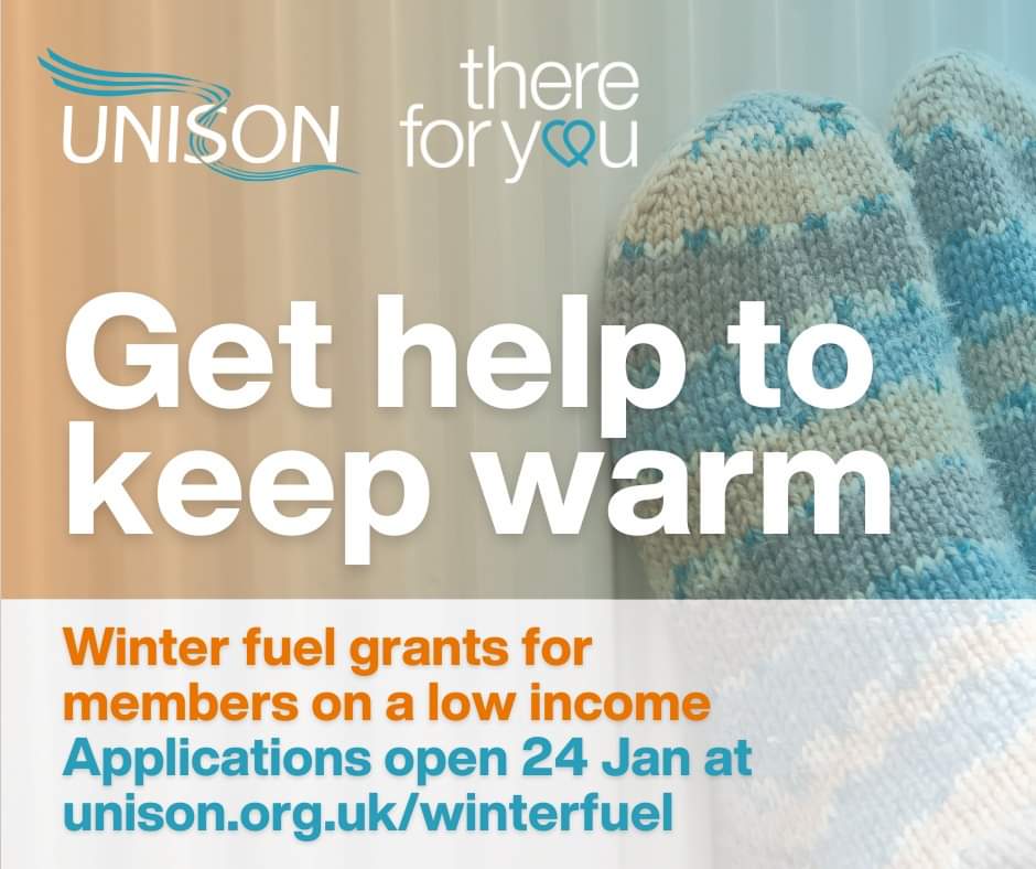 If you're worried about your winter fuel bill, don't forget applications open on Wednesday for a number of one-off £200 grants from There for You for UNISON members on a low income.

All the information you need is here 👇
unison.org.uk/winterfuel