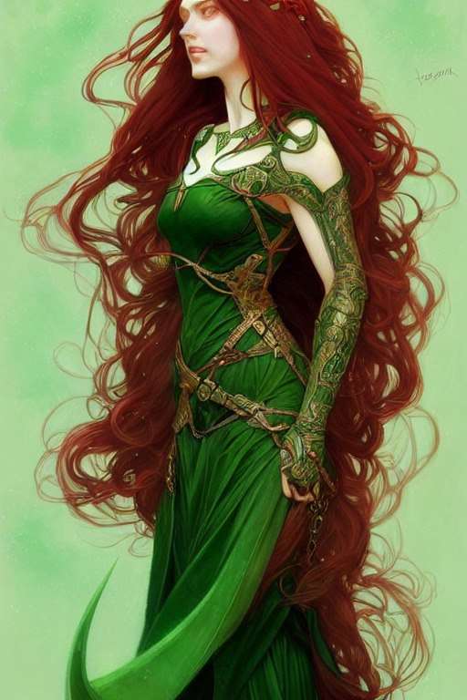 -I think green suits me...

//I generated this with AI and I'm in love. That's Deliah in her "Goddess form", while in Midgard she uses her seidr to make herself look more human, shorter hair mainly, and of course, Midgardian clothes.