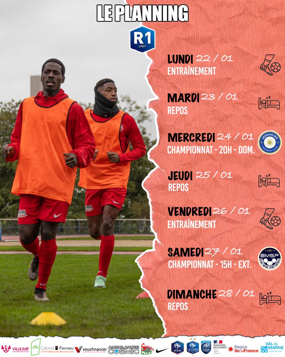 📋 𝗟𝗘 𝗣𝗟𝗔𝗡𝗡𝗜𝗡𝗚

Programme chargé pour nos Villejuifois : 2 Séances et J10 de R1 face à @FCVersaillesOff puis J11 de R1 chez <a href="/blancmesnilsf/">Blanc Mesnil SF</a>

Bonne semaine à tous 🔥

📲 Suivez-nous sur nos autres réseaux sociaux "𝗨𝗦 𝗩𝗜𝗟𝗟𝗘𝗝𝗨𝗜𝗙 𝗙𝗢𝗢𝗧" sur Facebook Insta Snap