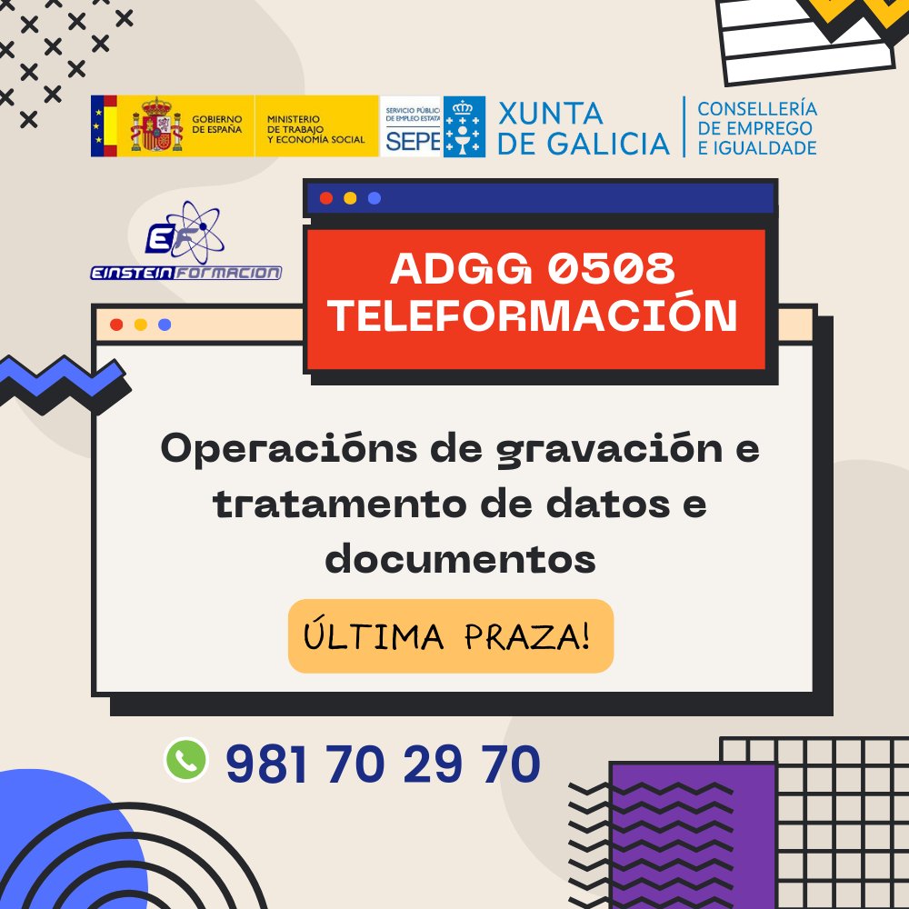 Continuamos cos nosos cursos AFD en modalidade en liña, para xente en situación de desemprego, en activo ou en ERTE para xente da Comunidade de Galicia.
✅Titulación oficial, homologada pola Xunta de Galicia.
👨‍🎓Formación #GRATIS (posibilidade doutras axudas económicas)