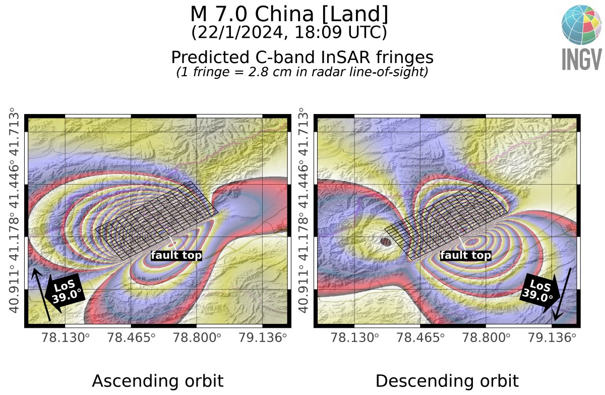 First #Sentinel1 SAR data and #InSAR results for the Jan. 22, M 7.0 #China #earthquake should arrive in two days (Jan 25). Meanwhile, you could give a look to what we expect in terms of fringes, according to the scenarios, here: terremoti.ingv.it/en/finitesourc… with @antandre71