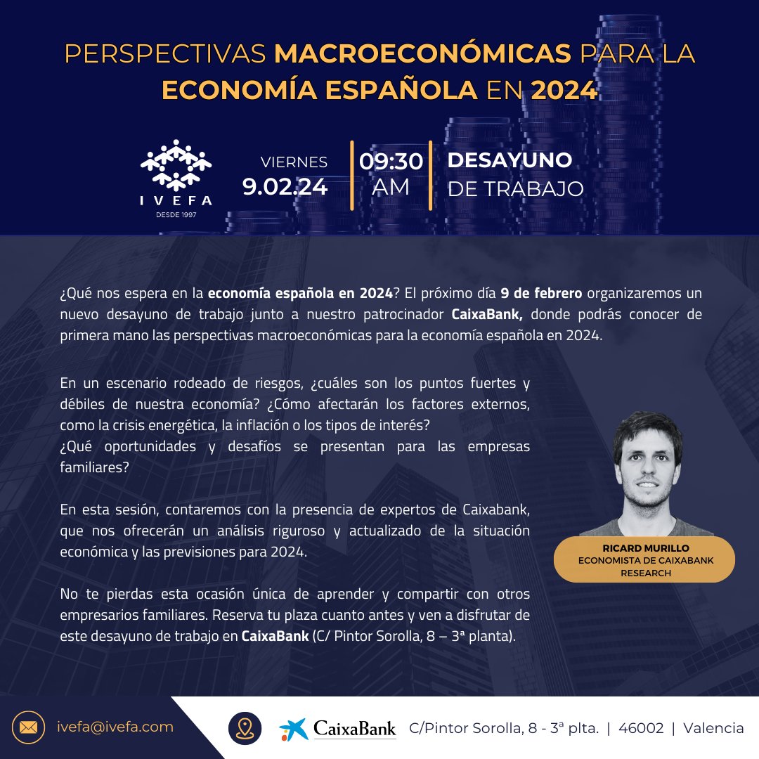 IVEFAasociacion's tweet photo. 📅 9 Febrero 2024.
📈 No te pierdas nuestro próximo desayuno de trabajo con nuestro patrocinador @caixabank, donde podrás conocer de primera mano las perspectivas #macroeconómicas para la #economía española en 2024.

✍🏻 Inscripciones en 👉🏻 https://t.co/d8aylQM1Fx https://t.co/ZG3Mcg7nYF