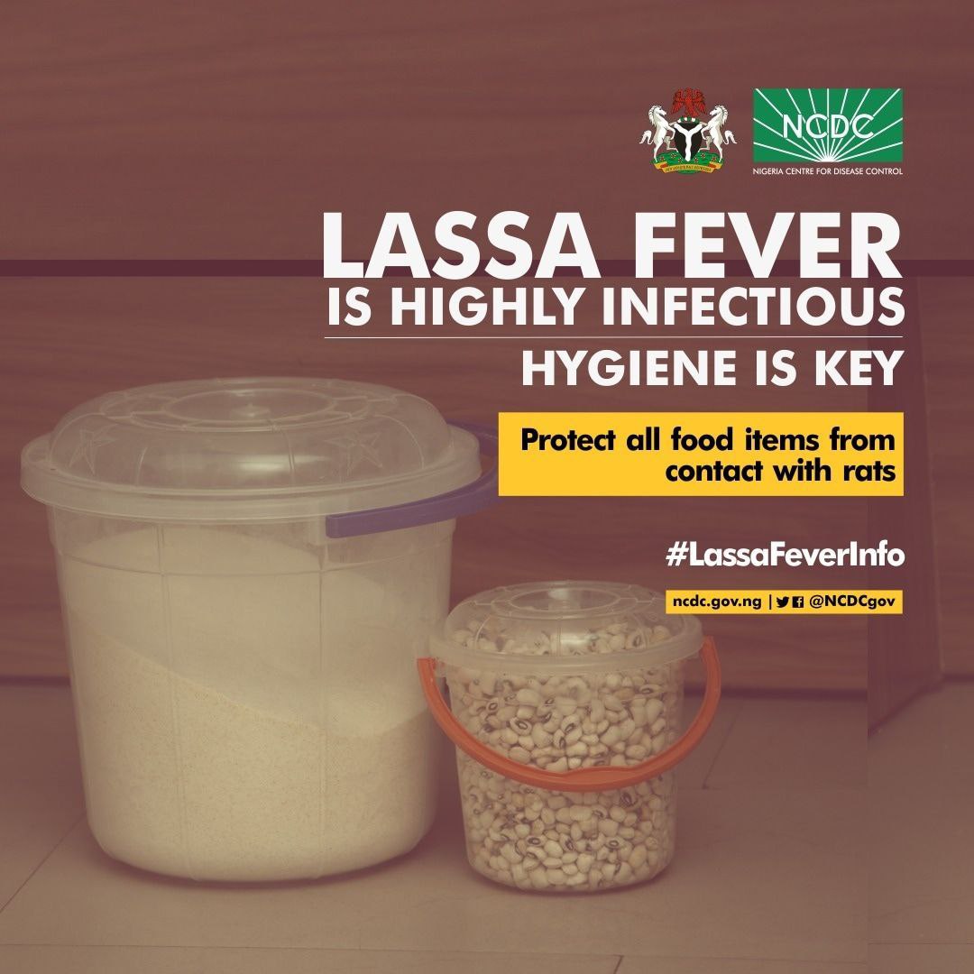 Store ALL your food items away from contact with rats. Keep them in tightly closed containers. #LassaFever can be transmitted through foods that have been contaminated with the urine, faeces or body fluids of infected rats. #TakeResponsibility to stay safe and healthy.