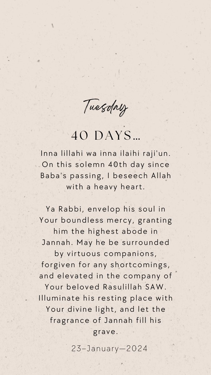 JKFagge's tweet photo. Don’t pass this without making Du’a. 

It’s been 40 days since the passing of our beloved father. May Jannah be his final abode, ameen.

https://t.co/PvSQuDoAx6 https://t.co/6HhgbpNRID
