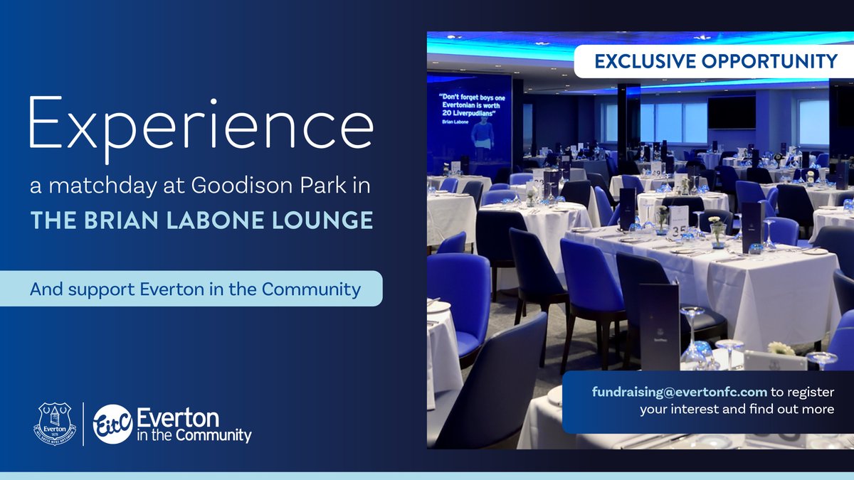 Fancy watching this weekend's FA Cup clash against Luton Town in style at Goodison whilst supporting EitC? Table of four. ✅ Four-course meal. ✅ All-inclusive drinks package. ✅ Directors' Box seating. ✅ ➡️Email fundraising@evertonfc.com for details on suggested donation.
