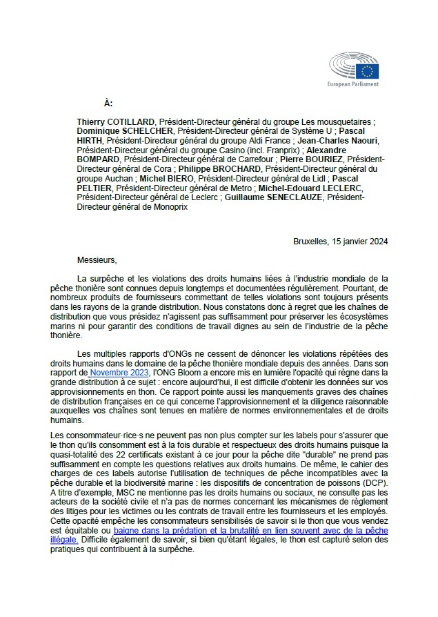 MounirSatouri's tweet image. ⚠️🐟Du thon en boîte issu de la #surpêche et de violations des #droitshumains est toujours vendu en grande surface.
Suite au rapport de @Bloom_FR, avec @CarolineRooseEU, nous avons interpellé les chaînes françaises de distribution alimentaire sur leur #devoirdevigilance ‼️
👇👇