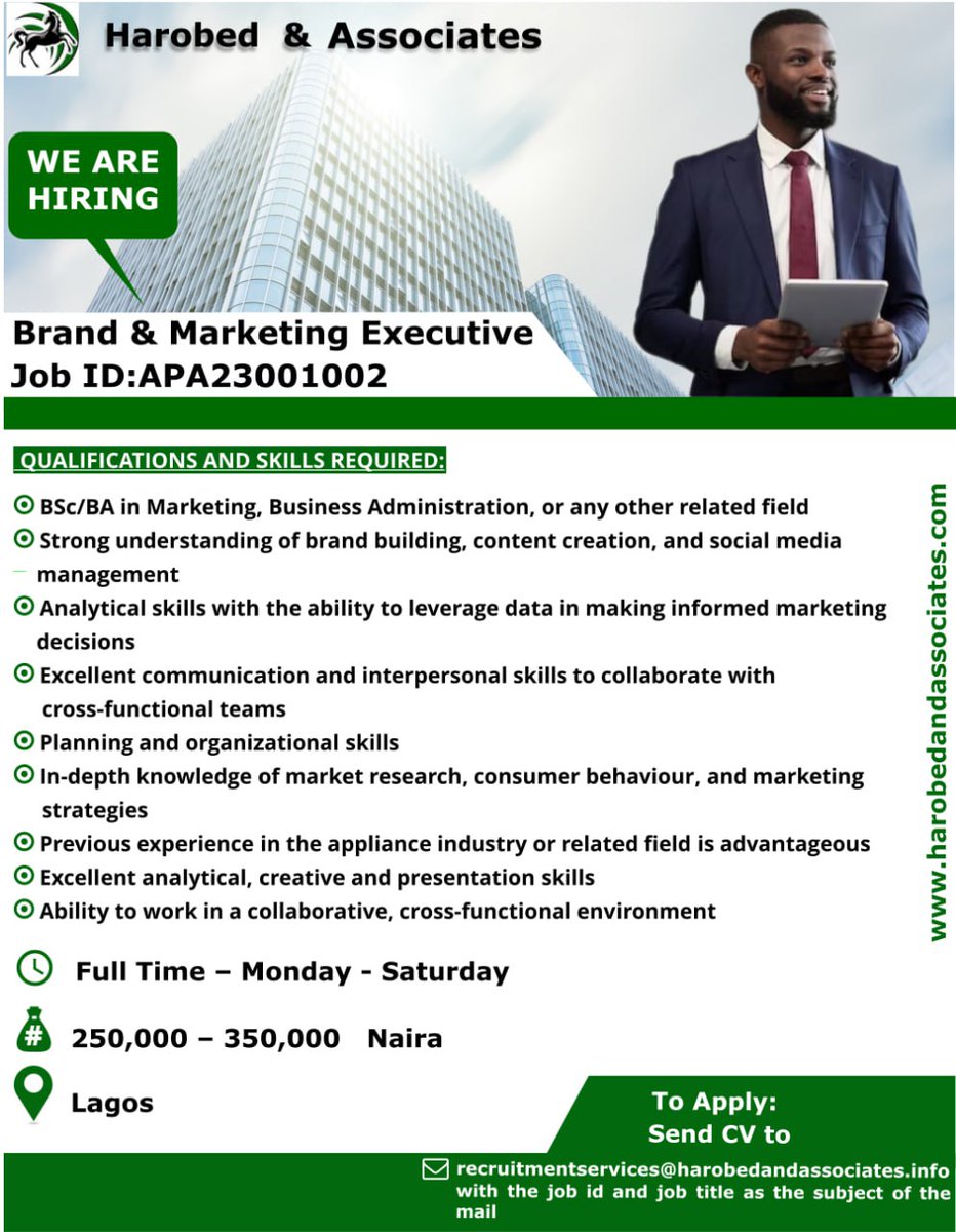 Need a Job?
This is for my Lagos fans 🫂
Harobed & Associates is hiring in Lagos 

Candidates should send their applications to 

recruitmentservices@harobedandassociates.info 

#lagos #lagosjobs #lagosbusiness #lagosevents #lagosnigeria #jobsinlagos