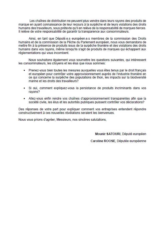 MounirSatouri's tweet image. ⚠️🐟Du thon en boîte issu de la #surpêche et de violations des #droitshumains est toujours vendu en grande surface.
Suite au rapport de @Bloom_FR, avec @CarolineRooseEU, nous avons interpellé les chaînes françaises de distribution alimentaire sur leur #devoirdevigilance ‼️
👇👇