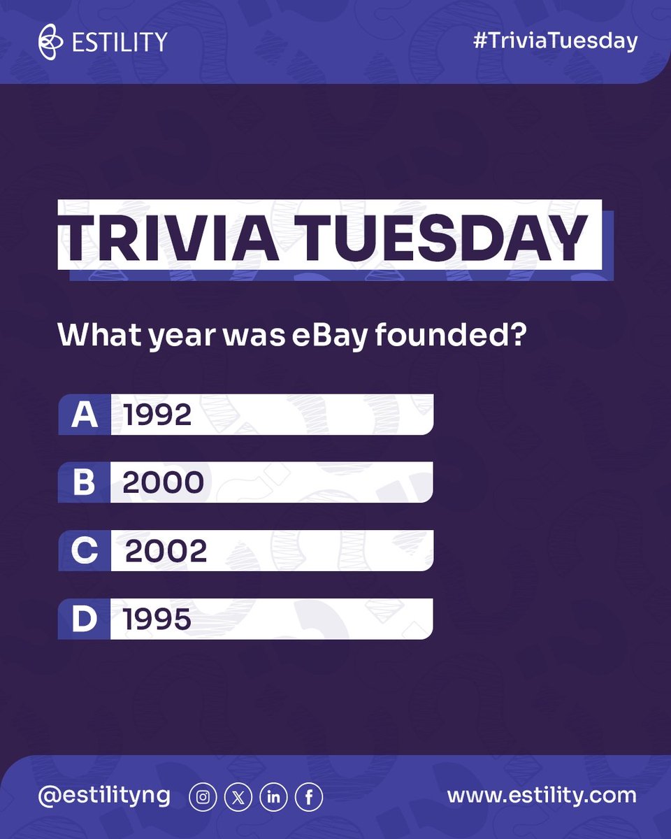 Hey Shoppers. Can you guess the answer?

Follow us on FB/IG@estilityng, LinkedIn @estility and visit estility.com for more about us.

#trivia #CAN2023  #triviaquiz #nigerian #cookinggas #naijarealestate #lagosrealestate #Ewallet #ebay  #trending #Estility