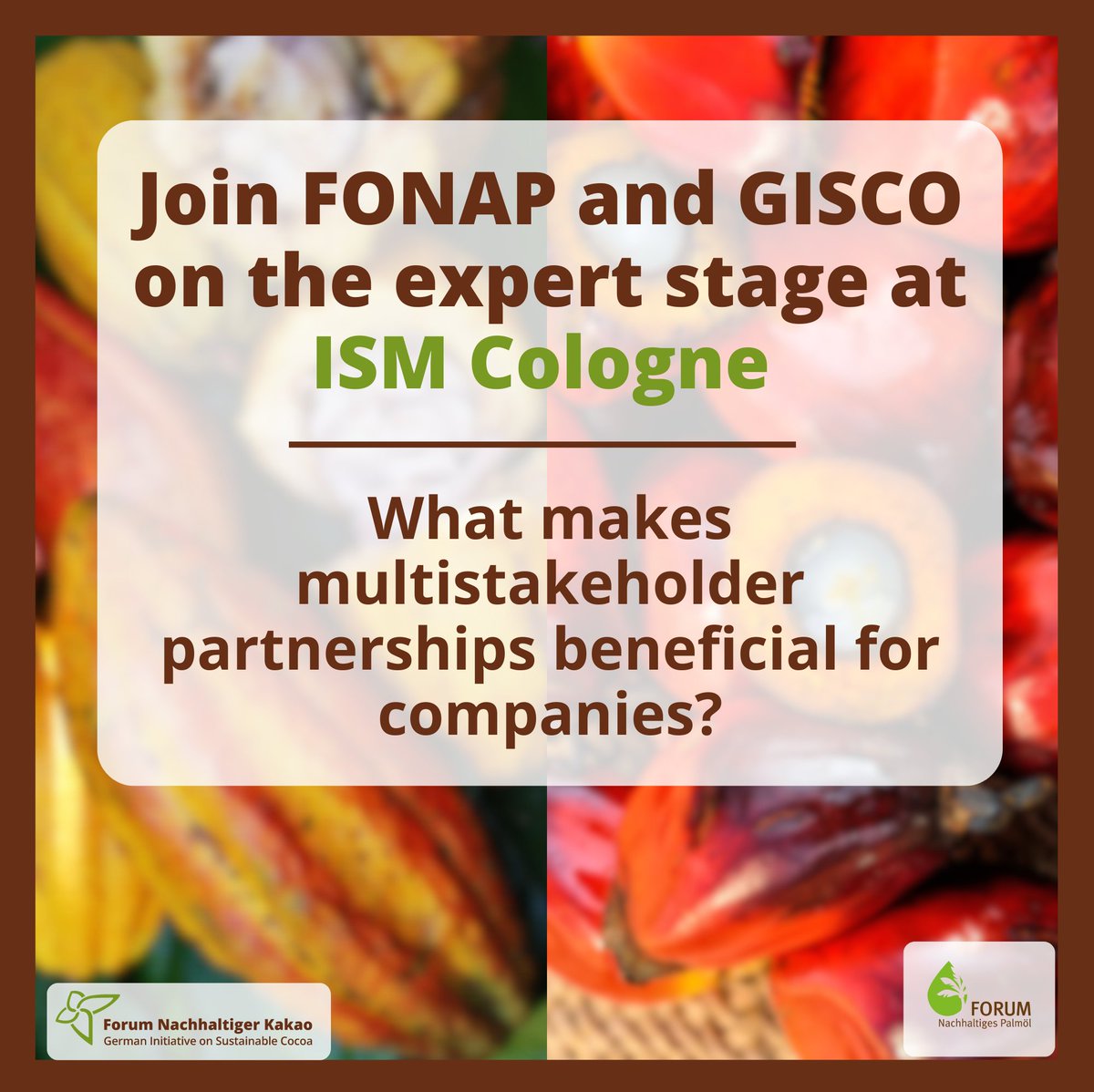 🔎 What makes multistakeholder partnerships beneficial for companies? Join Almut Feller (<a href="/FONAP_DE/">Forum Nachhaltiges Palmöl</a>)  and Dr. Torben Erbrath (#GISCO) at #ISMCologne #Expert Stage to discuss!

📅 30 January, 3pm
📍 Koelnmesse, Cologne

Learn more and get your ISM ticket 👉 ism-cologne.com/events/event-s…