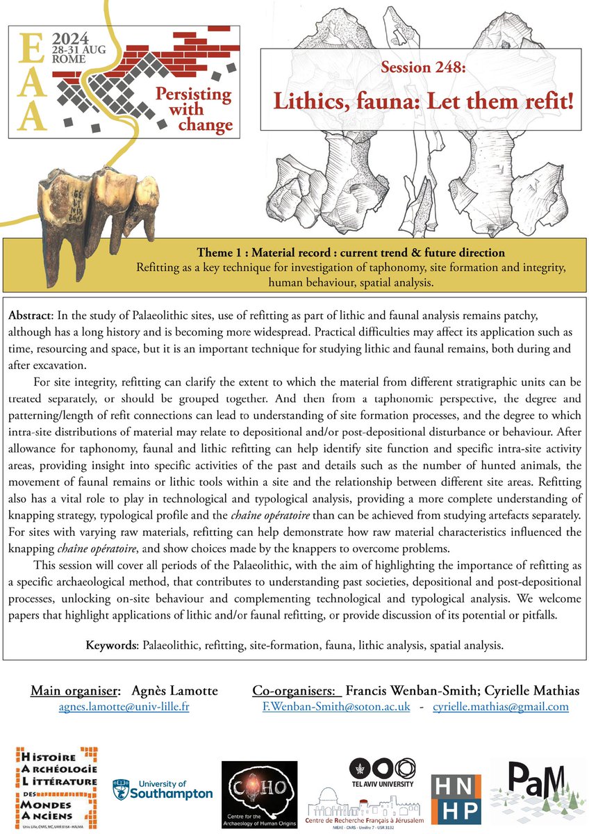 cy_lexx's tweet image. 🚩Call for papers EAA Roma 2024 - Session 248

Join us for a refitting party!

« Lithic, fauna: Let them refit ! » 🪨🦴

Deadline: 8 February 

submissions.e-a-a.org/eaa2024/

#EAARoma