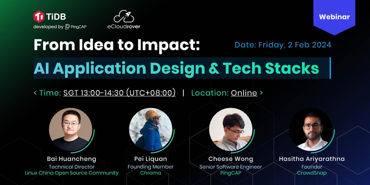 golangwink's tweet image. 🌟 Calling all AI Enthusiasts! Our 2 Feb meetup is your gateway to mastering AI application design and tech stacks. Interactive demos, real-world use cases, and expert networking all in one event. Don't miss this opportunity to elevate! #TechMeetup social.pingcap.com/u/9yvNYF