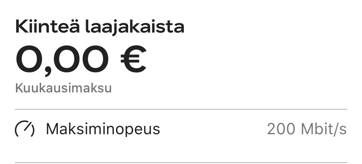 EspooMies's tweet photo. Not sure how telia expects to make money on this but went from 100mbit/13€ to 200mbit/0€, and no, its not a temporary price lol https://t.co/WFDYUUxaHZ