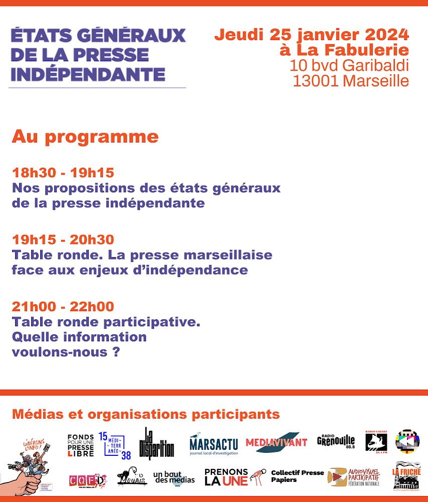 📣 Dernières places disponibles 🔗 eventbrite.fr/e/billets-part… Jeudi soir, participez aux États généraux de la presse indépendante à Marseille !