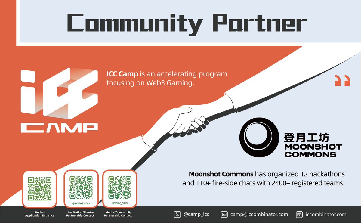 🎉We are proud to announce the community partnership between @camp_icc and @buildmoonshot. Moonshot Commons has organized 12 #hackathons and 110+ fire-side chats with 2400+ registered teams. Join us on this journey to discover the future of #Web3 #gaming!