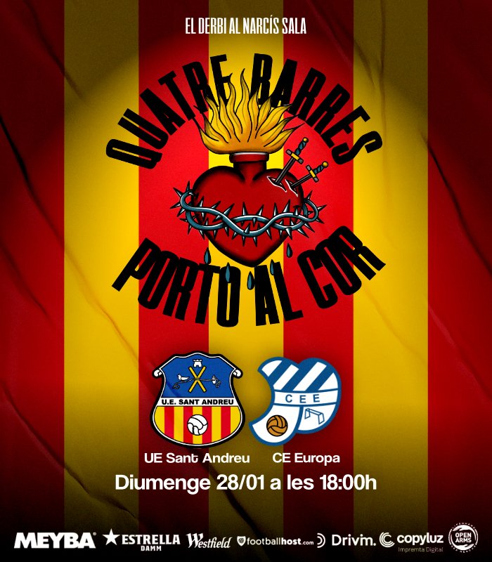 𝕼𝖚𝖆𝖙𝖗𝖊 𝖇𝖆𝖗𝖗𝖊𝖘 𝖕𝖔𝖗𝖙𝖔 𝖆𝖑 𝖈𝖔𝖗 🟡🔴

💥 S'acosta el derbi entre el Sant Andreu i l'Europa al Narcís Sala! El millor partit de la temporada! 

🏟️ Ple absolut amb més de 6⃣5⃣0⃣0⃣ espectadors!

🖌️ <a href="/oangladav/">Oriol Anglada</a>