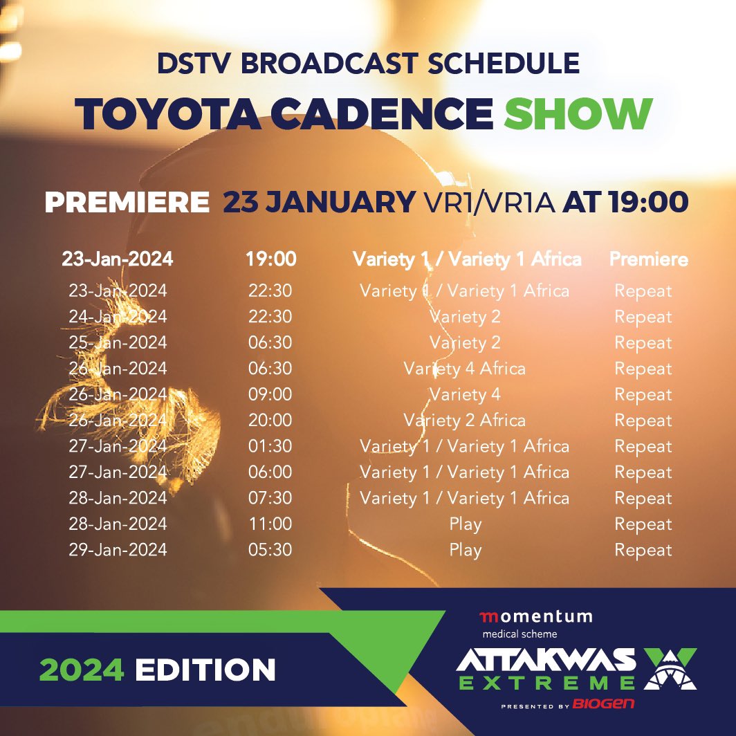 Attakwas Extreme (@attakwas) on Twitter photo Post-race blues? We have the perfect cure!
Catch the 2024 #HellOfTheSouth highlights TONIGHT, 23 January 2024, on Toyota Cadence at 19:00 on <a href="/SuperSportTV/">SuperSport 🏆</a> channel VR1/VR1A 206! Post-race blues? We have the perfect cure!
Catch the 2024 #HellOfTheSouth highlights TONIGHT, 23 January 2024, on Toyota Cadence at 19:00 on <a href="/SuperSportTV/">SuperSport 🏆</a> channel VR1/VR1A 206!