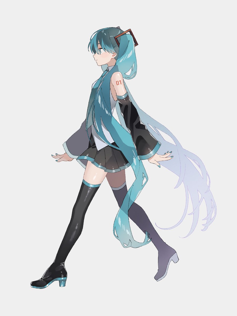 hatsune miku 1girl solo long hair skirt thighhighs twintails detached sleeves  illustration images