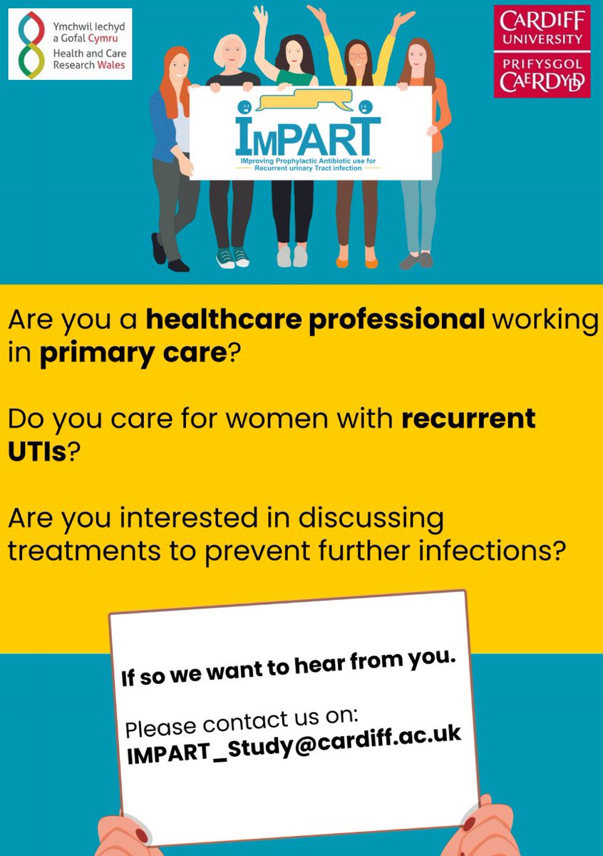 Do you care for women with recurrent #UTIs in #PrimaryCare? If so, we want to hear from you to discuss your views & experiences of preventive treatments. If you are interested, please contact the #Research study team on IMPART_Study@cardiff.ac.uk
