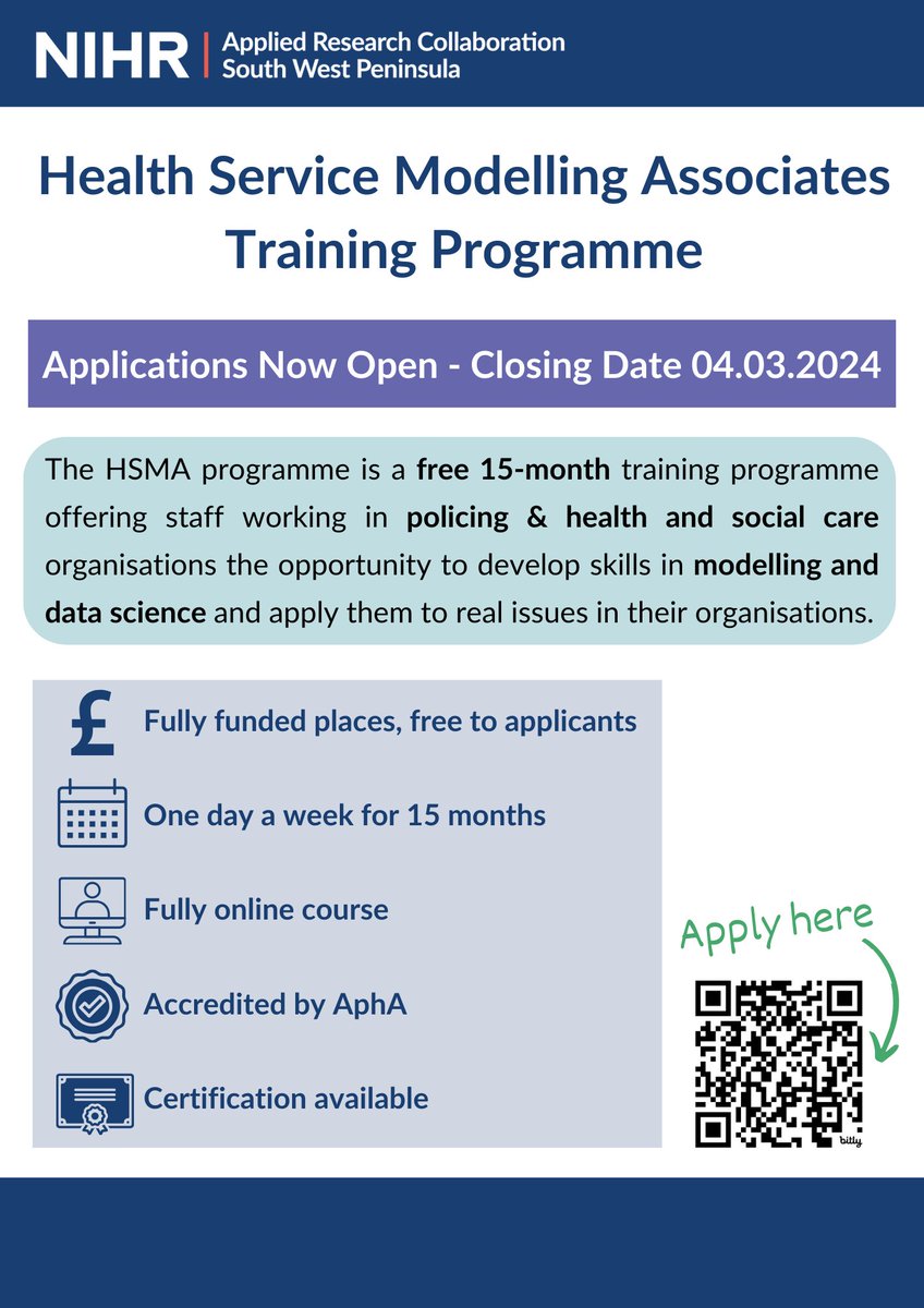 PenCHORD_UoE (@penchord_uoe) on Twitter photo Harness data & save lives! Our Health Services Modelling Associates applications close 4.3.24. 
All places are fully funded & free on this accredited, flexible, online course. Co-funded with <a href="/NHSDigAcademy/">NHS Digital Academy</a>
👉Learn more & apply at: bit.ly/hsma-apply 
#HSMA #HSMA6 Harness data & save lives! Our Health Services Modelling Associates applications close 4.3.24. 
All places are fully funded & free on this accredited, flexible, online course. Co-funded with <a href="/NHSDigAcademy/">NHS Digital Academy</a>
👉Learn more & apply at: bit.ly/hsma-apply 
#HSMA #HSMA6