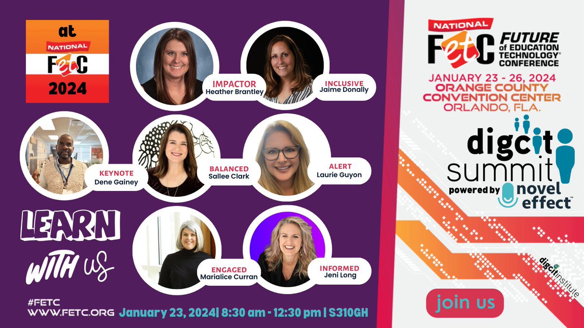 Can’t wait to kick off @fetc with our @digcitsummit workshop with @HeatherTechEdu @SalleeClark @JaimeDonally @dene_gainey @SMILELearning @jlo731 Tomorrow, 1/23 from 8:30 am - 12:30 pm in room S310GH #FETC #UseTech4Good @Novel_Effect