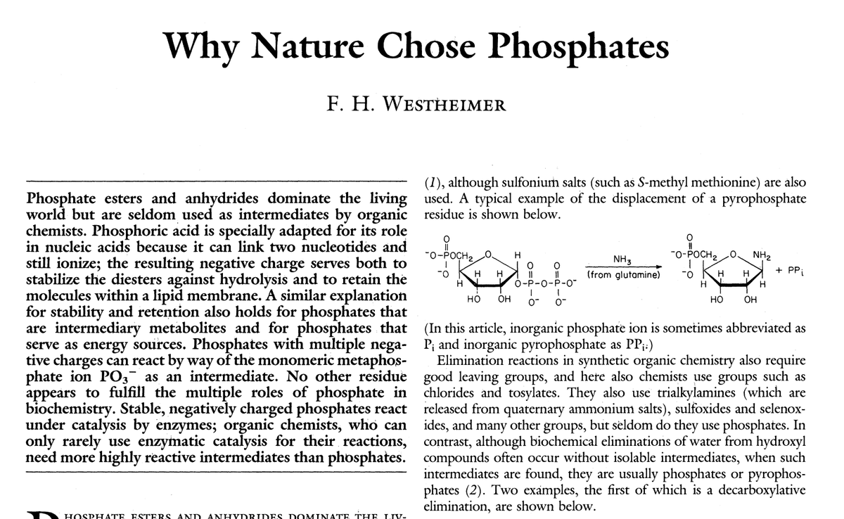 Frank Westheimer on why nature chose phosphates: phosphates are ubiquitous in DNA, RNA and other biomolecules. Why these and not sulfates, acetates or any other "ates"? What really jumps out from this paper are Westheimer's brilliantly simple explanations archives.evergreen.edu/webpages/curri…