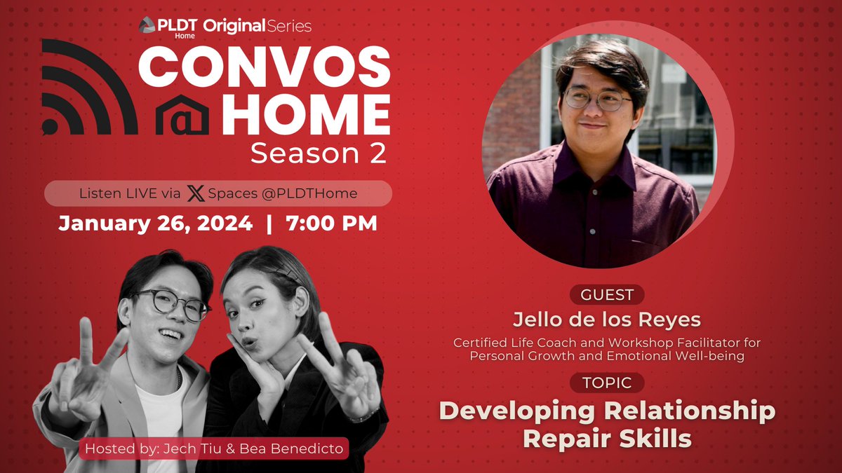 Need insights on cultivating relationship repair skills? We have an exciting episode for you! 💞 Join @jechtiu and @bea_benedicto for this week's episode of #ConvosAtHomePLDTHome. SET a reminder or JOIN here: x.com/i/spaces/1mnxe…