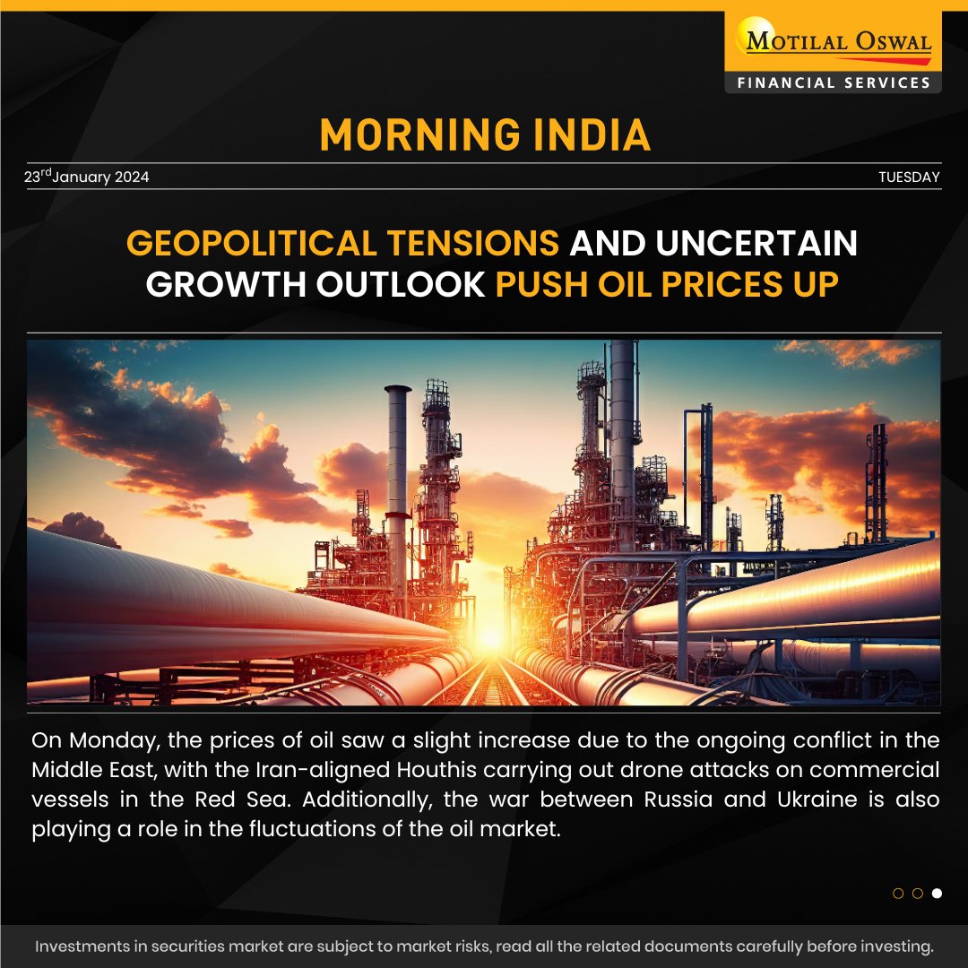 #MorningIndia | Your daily News tracker! ☕️

✅ Unseasonal Rains Drive Faster Rise in Coffee Prices
✅ ZEE spends Rs 366.6 crore on Sony merger compliance procedures
✅ Uncertain Growth Outlook Push Oil Prices Up

#CoffeeProduction #ZeeSonyMerger #MotilalOswal