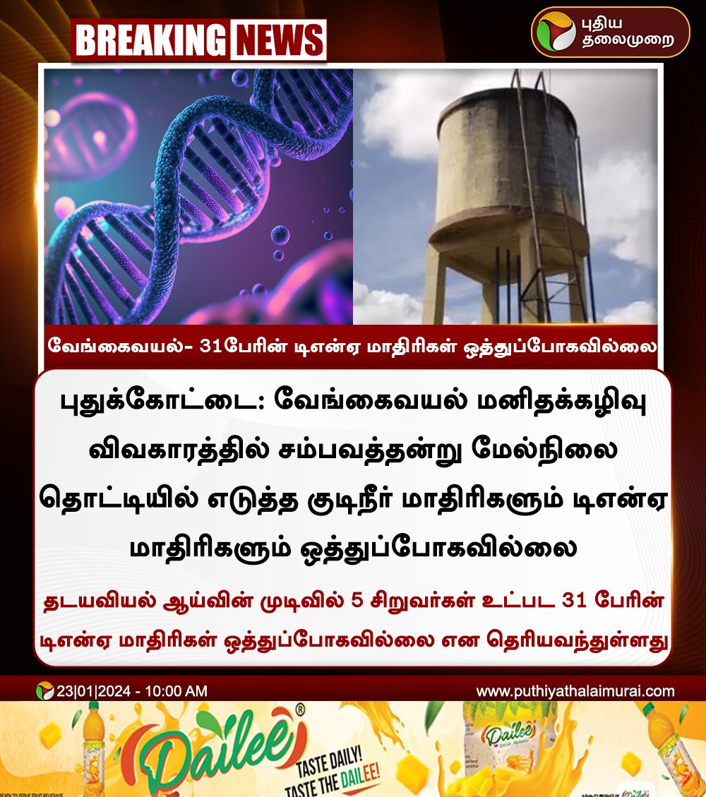 #BREAKING | வேங்கைவயல்- 31 பேரின் டிஎன்ஏ மாதிரிகள் ஒத்துப்போகவில்லை

#DNA | #Vengavayal | #Pudukkottai