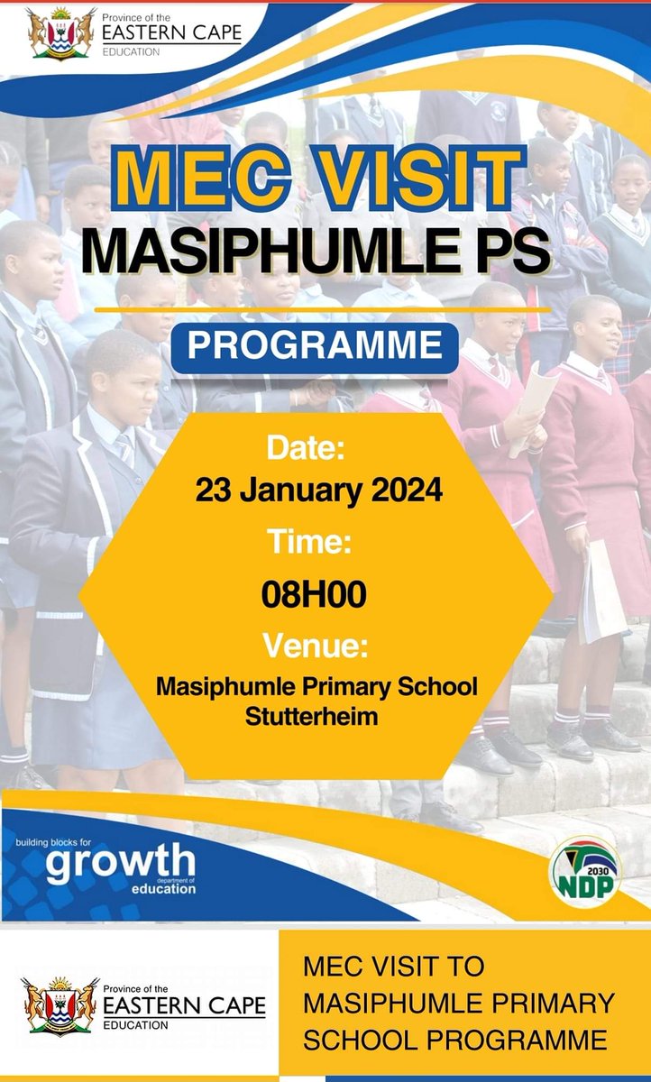 MEC Fundile Blacks Gade will today , Tuesday 23 January 2024 handover much needed uniform and school shoes to learners of  Masiphumle Primary School in Amathole West , Cumakala .
#BuildingTheEasternCapeWeWant