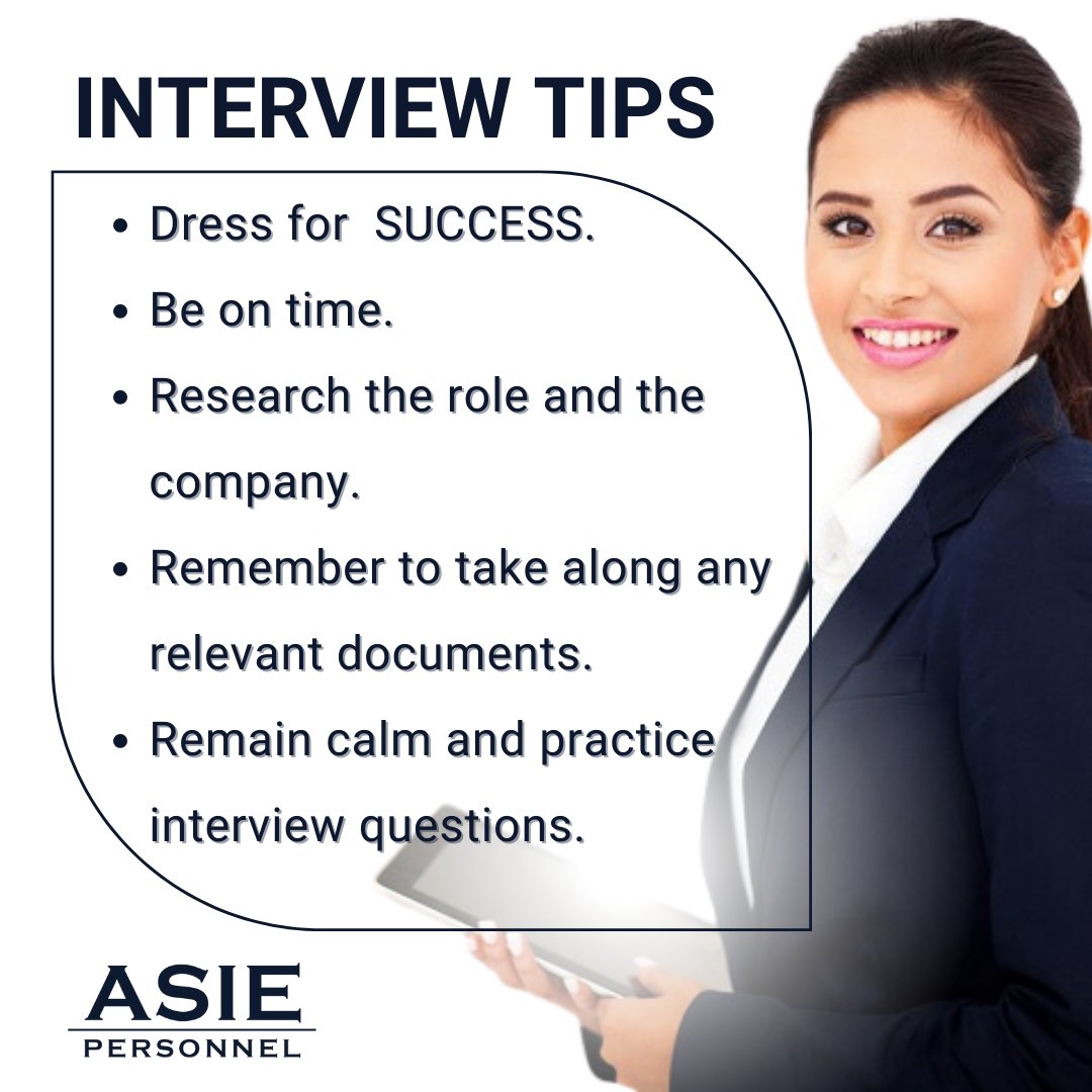 AsiePersonnel's tweet photo. #InterviewTip: Dress to impress. Dress Professionally. Preparation builds your Confidence in an interview.
Click here for more Interview Tips: https://t.co/xaild4jdX4
#jobinterview #interview #asiepersonnel https://t.co/BLgbIpUcg1