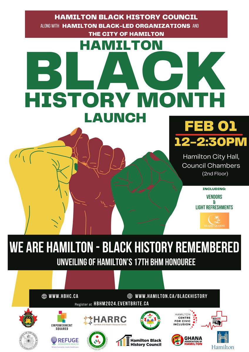 We are pleased to invite you all to the Annual Hamilton Black History Month Launch in partnership with Black-led orgs and the City of Hamilton Thursday Feb 1 @ 12pm Register: hbhm2024.eventbrite.ca