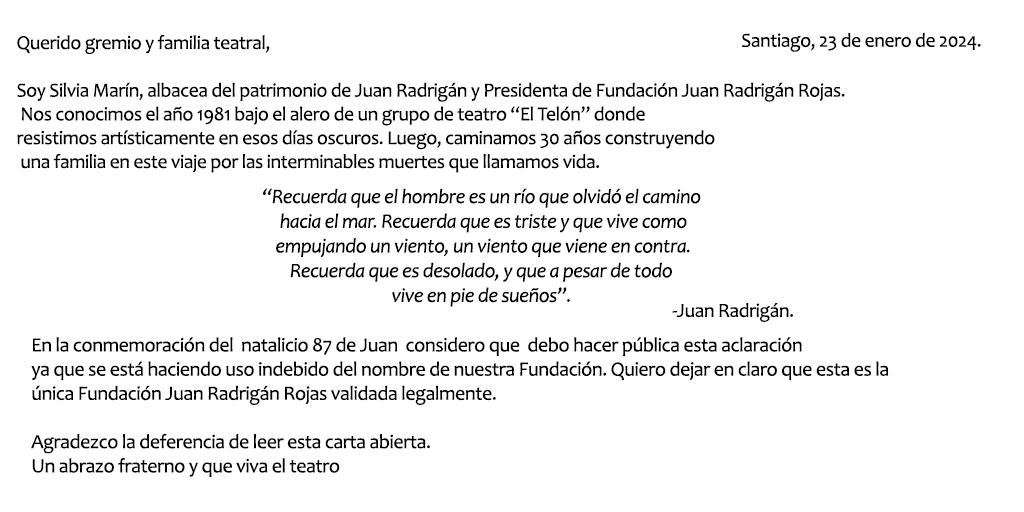 fund_radrigan's tweet image. En conmemoración del natalicio 87 de Juan Radrigán realizamos esta carta abierta.