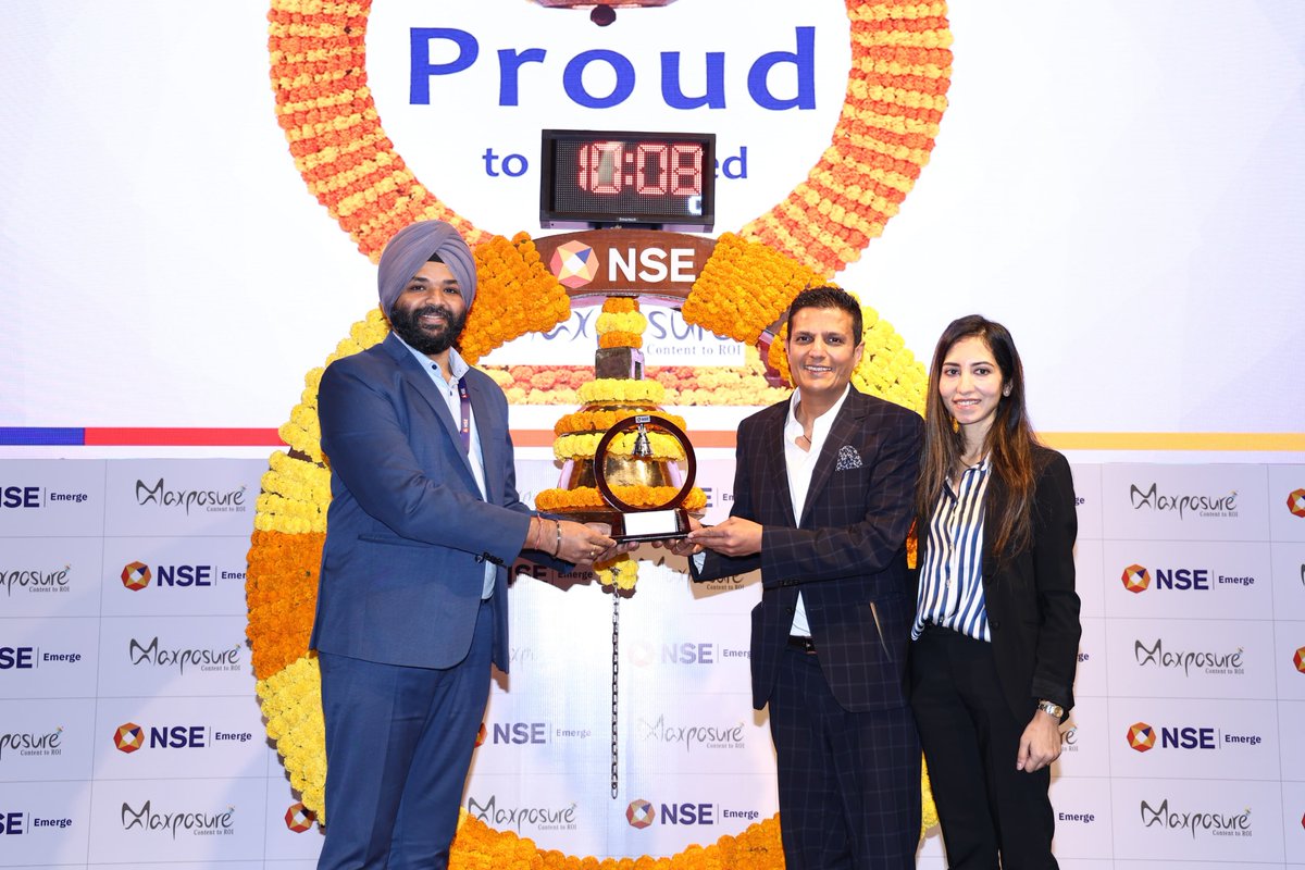 NSEIndia's tweet photo. Congratulations Maxposure Limited on getting listed on NSE Emerge today! The company is a media and entertainment company offering Inflight Entertainment, Content Marketing, Technology and Advertising services. The public Issue was of Rs.2,026.20 lakhs at an issue price of Rs.33 per share.

#NSEIndia #NSEEmerge #listing #IPO #StockMarket #ShareMarket #MaxposureLimited @ashishchauhan