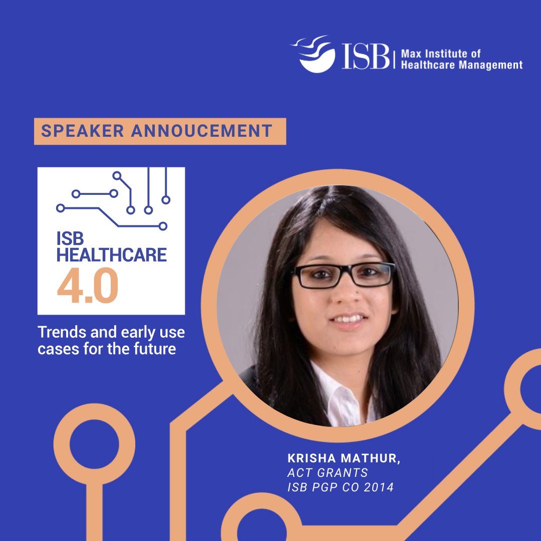 #SpeakerReveal
<a href="/KrishaMathur/">Krisha Mathur</a>, Director, <a href="/actgrants/">ACT</a> &amp; ISB PGP Co 2014, will share insights as a panelist at ISB Healthcare 4.0 on Feb 9, 2024. Join the discussion on healthcare trends and early use cases: tinyurl.com/2ndHC40

#HealthcareAtISB #ISBHealthcareSummit
<a href="/ISBedu/">Indian School of Business (ISB)</a>