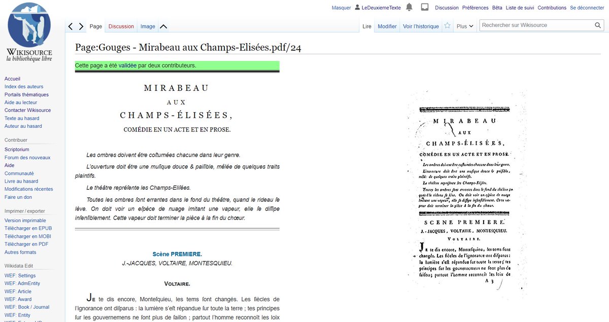 Une pièce de plus en texte intégral sur citedesdames.github.io/theatre1618/, grâce à Chercheureuse qui a prolongé notre atelier <a href="/wikisource_fr/">Wikisource</a> de samedi en finissant de relire 
Mirabeau aux Champs-Elisées (1791) d'Olympe de Gouges : fr.wikisource.org/wiki/Mirabeau_… 🥰
<a href="/SFEDS3/">SFEDS</a> <a href="/olivier_ritz/">Olivier Ritz</a> <a href="/AhrfRevue/">Annales Historiques de la Révolution française</a>