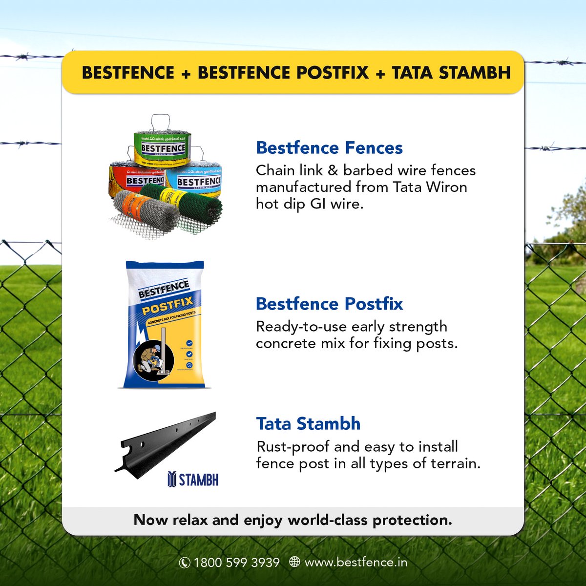 vncgroup's tweet image. Bestfence Sangamam gives a complete fencing solution that combines the strengths of high-quality Bestfence and durable TATA Stambh, held together with the convenient Bestfence Postfix. 
#Bestfence #Postfix #BestfencePostfix #Fencing #Fenceinstallation #Postinstallation #VNCGroup