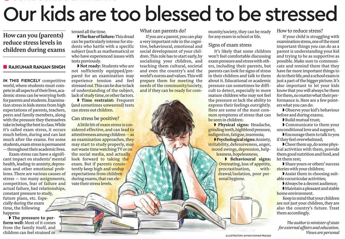 Minister of State for External Affairs and Education Dr. @RanjanRajkuma11 writes on some factors responsible for creating stress on students and also suggest some practical tips to keep them away from it. Hon'ble Prime Minister Shri @narendramodi has been interacting with the