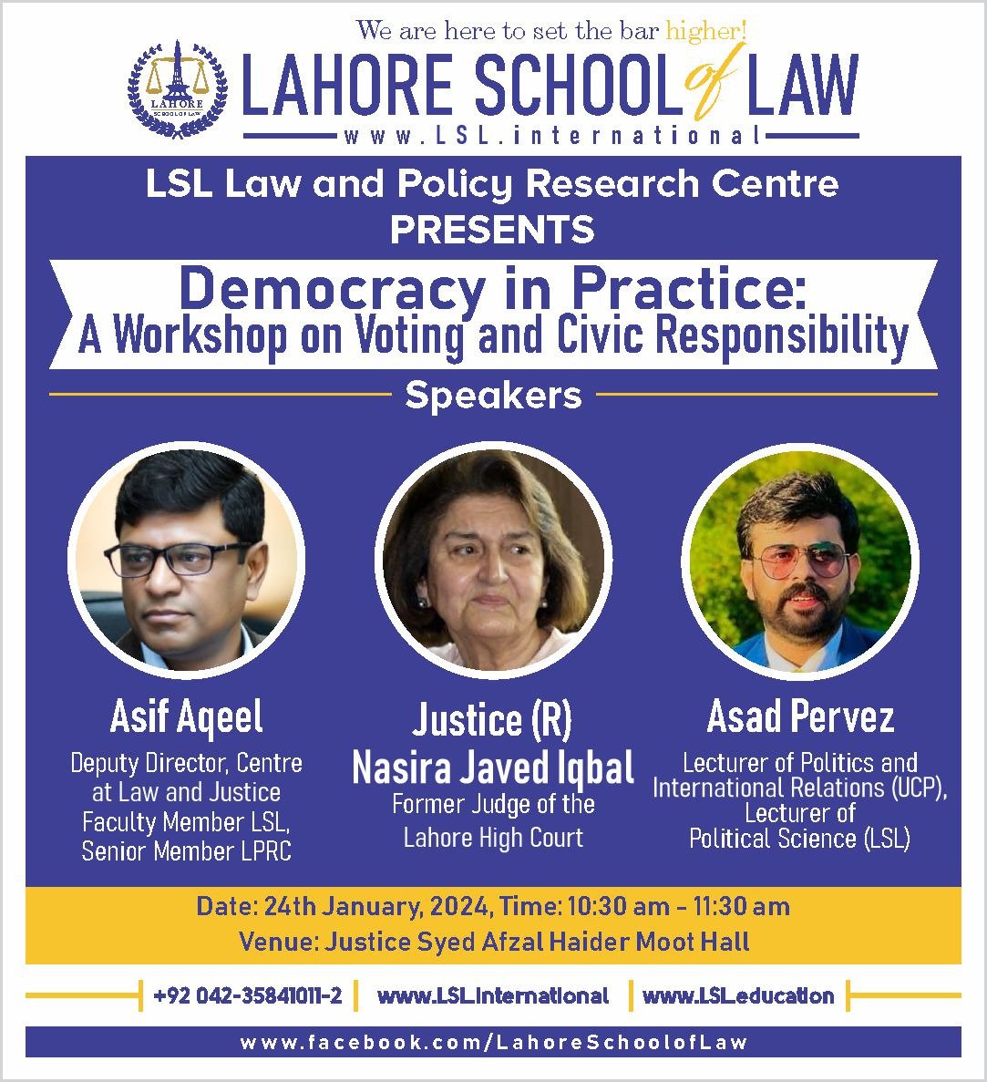 lsl_intl's tweet photo. Join us on 24th January 2024 for an insightful workshop on voting and civic responsibility, organized by LSL Law and Policy Research Centre.
@asifaqeel @MalikAsadMahra1
#CivicResponsibility #Elections2024 #Vote https://t.co/OJjodM2ubL