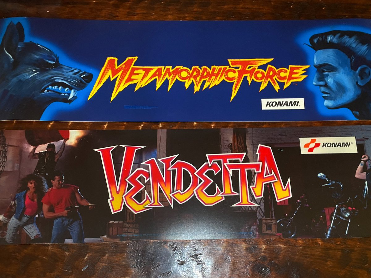OutdateRef's tweet photo. I love love LOVE #arcade art & I will always pick up marquees to games I own & occasional wish game. I scored a beautiful #vendetta #marquee that I can marry my #pcb & also a pristine #metamorphicforce marquee. One day I hope I can find a pcb for my collection. #arcade #gaming https://t.co/mUhG6VaHrs