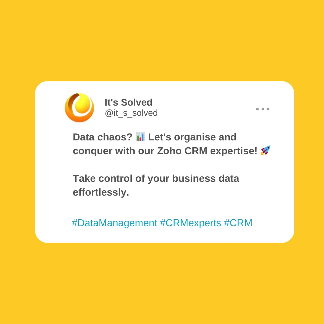 Data chaos? 📊 Let's organise and conquer with our Zoho CRM expertise! 🚀 

Take control of your business data effortlessly. 

#DataManagement #CRMexperts #CRM 

Visit:- itsolutionssolved.com.au/zoho-expert-de…