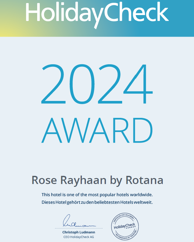 RoseRayhaanDXB's tweet photo. We are delight to share that Rose Rayhaan Hotel has been honored with the prestigious HolidayCheck Award 2024. This accolade is a testament to your trust and satisfaction, we express our deepest gratitude for choosing us as your preferred destination. #holidaycheck #awards2024 https://t.co/OdQNyGX400