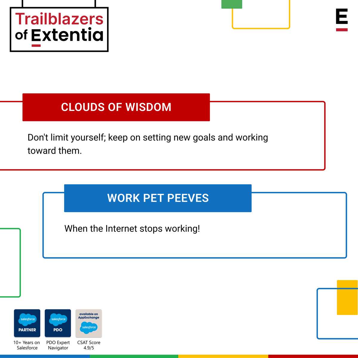 Extentia_Cloud's tweet photo. I began my journey in the #Mavericks program, focused on BA &amp; QA processes.
Hands-on experience helped me to understand different aspects of a project from start to finish. Extentia provides an environment that pushes you to be the best version of yourself!
#Salesforce #Extentia https://t.co/8RPnIDrRdY