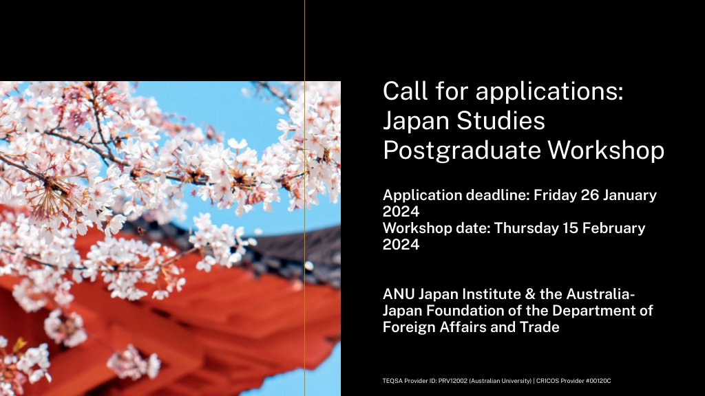 The ANU Japan Institute invites applications for a Japan Studies postgraduate workshop across Australia. Apply now for this amazing opportunity! For more information: japaninstitute.anu.edu.au/event/japan-st… #ouranu #anucap #workshop #japan #postgraduate