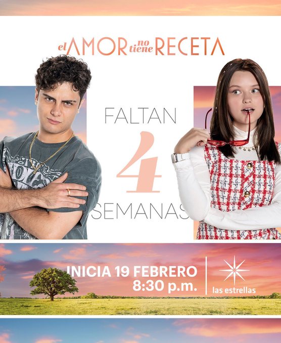 Estamos a 4 semanas del gran estreno de #ElAmorNoTieneReceta, muy pronto conoceremos esta historia llena de amor 💖   

Estreno 19 de febrero a las 8:30 de la noche #ConLasEstrellas ✨