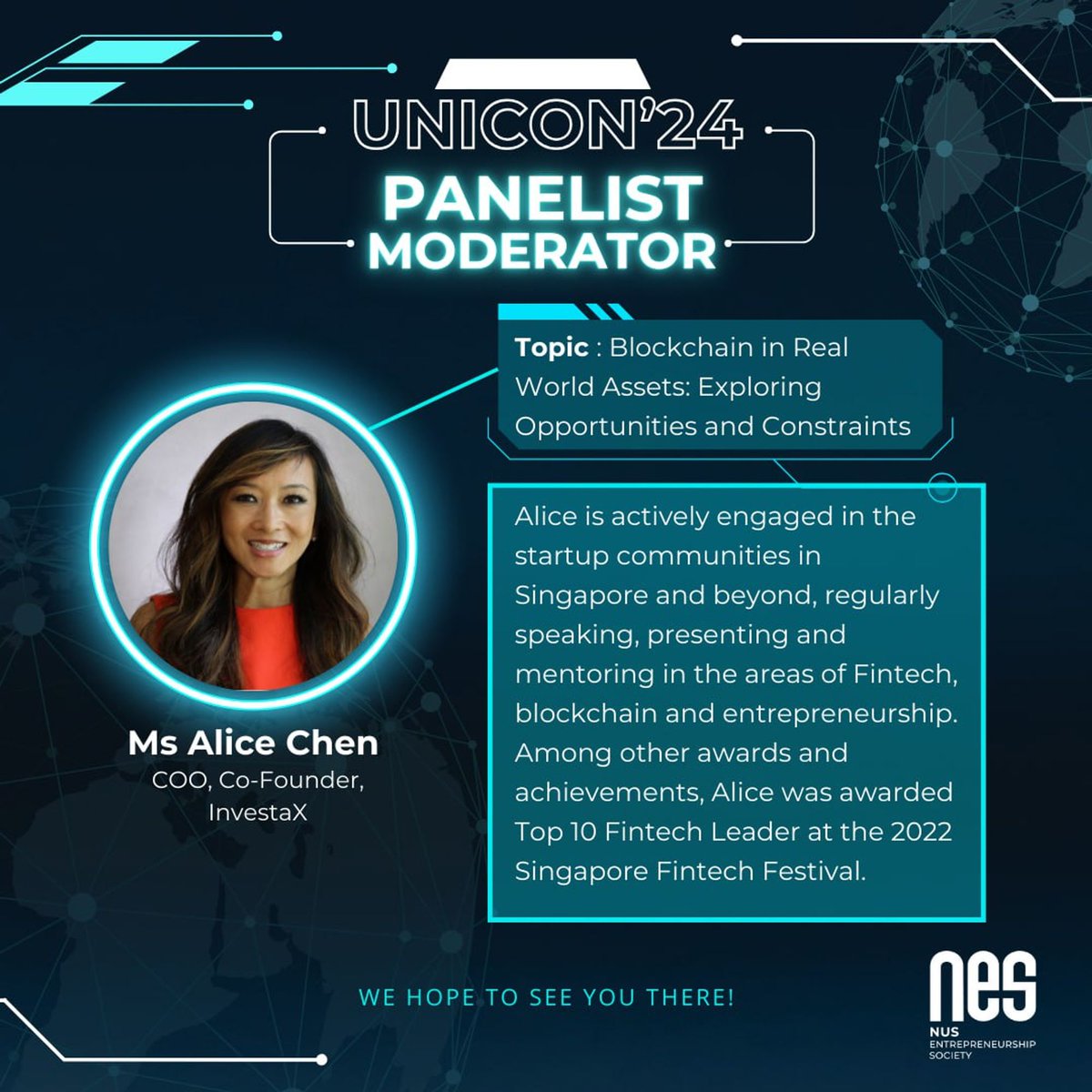 investax's tweet photo. S. Alice Chen Chen joins NES UNICON 2024 as a speaker! Join us for #TigerLaunch, the largest student-run entrepreneurship contest.
π
Jan 26-27, 2024
π Mapletree Business City
Tickets available now!
> https://t.co/6zdKYE7ABf
More info: https://t.co/eGIuWRrQ4B https://t.co/EpHmHNjnlb